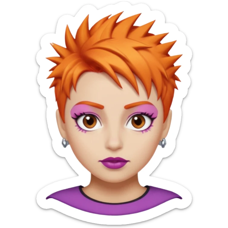 A person emoji with light skin, short spiky orange hair swept to one side, matching pink eyebrows, brown eyes, an oval-shaped face, a small nose, and dark lipstick. sticker