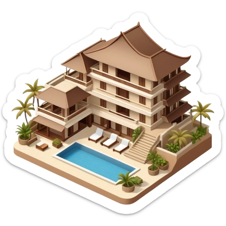 Isometric exterior brown and beige luxury Balinese beach resort hotel, dollhouse style 3D realistic  sticker