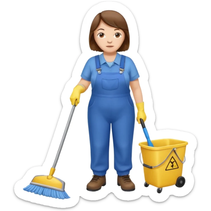old and fat women, brown hair, Custodian with yellow rubber gloves, white T-shirt, blue overalls, mopping floor sticker