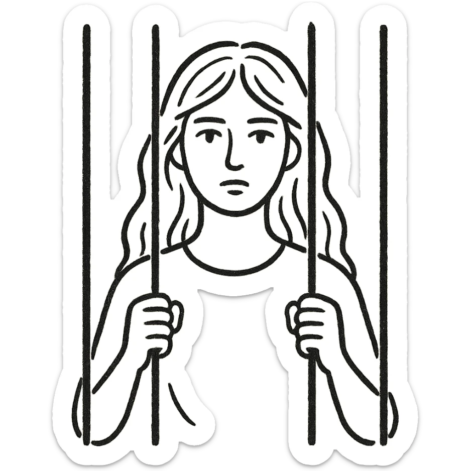 hand drawn outline style of a golden girl with long hair behind jail bars sticker