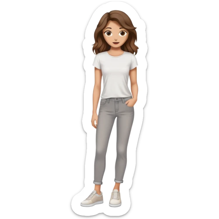Women with wavy brown hair and hazel eyes with nude lips and white top grey jeans and white shoes sticker