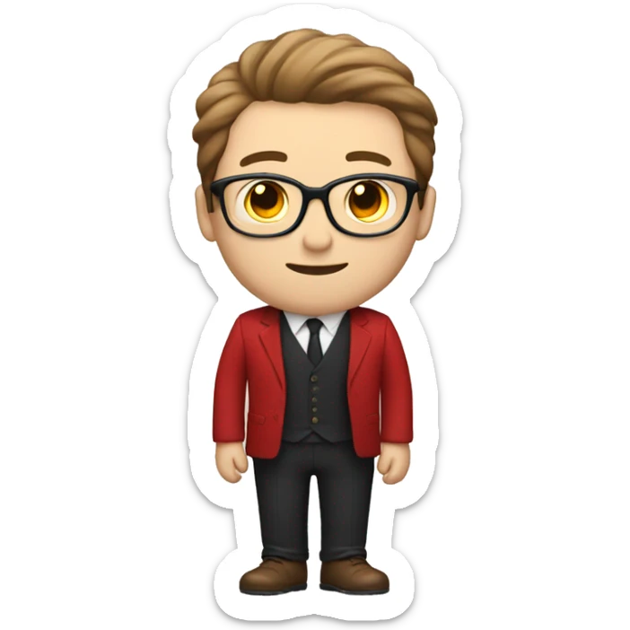 pale skinny guy with brown hair, black glasses and red suit sticker