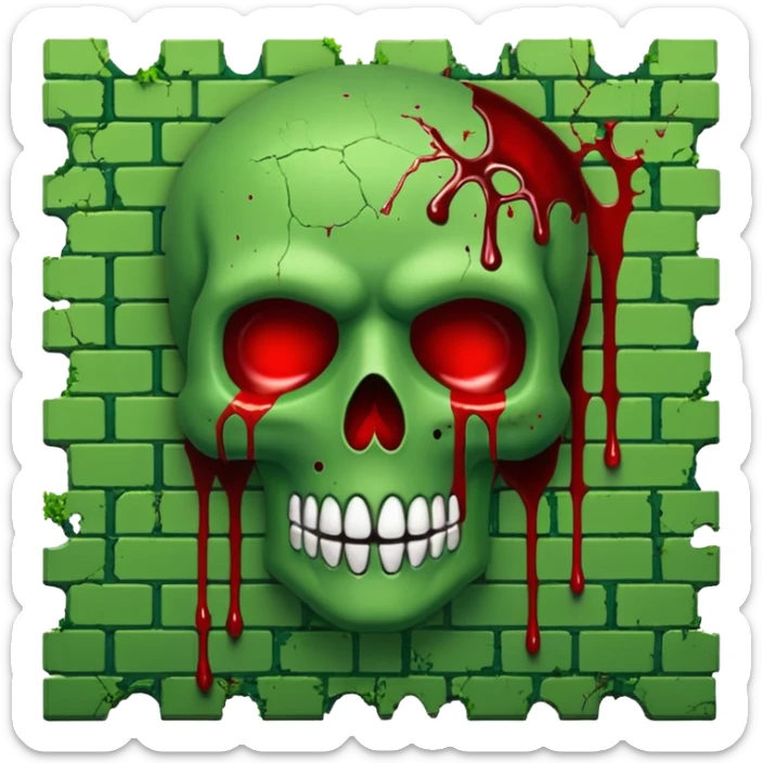 A moss covered green brick wall splattered with blood, in the style.of your bleeding skull art. sticker