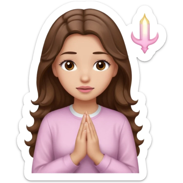 girl with wavy long brown hair, brown eyes, light to medium complexion, long lashes, light pink lipstick, praying, wearing light pink shirt sticker