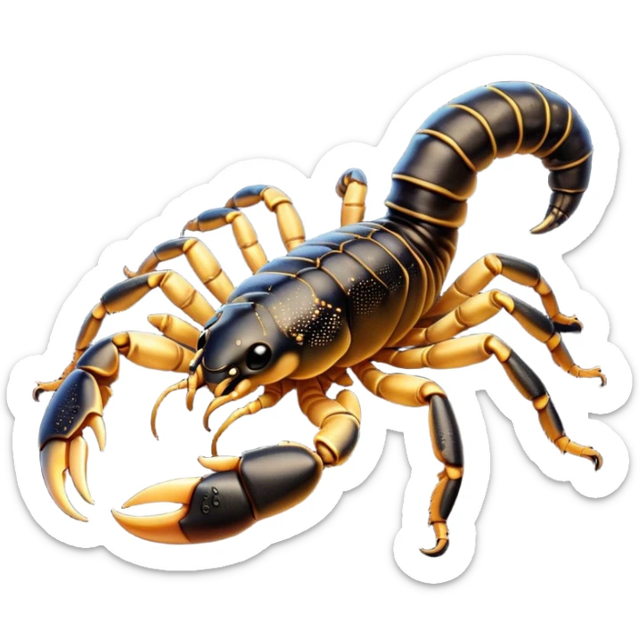 Cinematic Cute Emperor Scorpion Portrait Emoji, Head tilted playfully and inquisitively, with a compact, rugged build and a sleek, dark exoskeleton highlighted by delicate, intricate patterns and round, sparkling eyes full of curious defiance, Simplified yet irresistibly adorable features, highly detailed, glowing with a warm, friendly glow, high shine, affectionate and quirky, stylized with a touch of desert whimsy, soft glowing outline, capturing the essence of a mischievous yet endearing scorpion that feels like it could pinch its way out of the screen into your arms! sticker