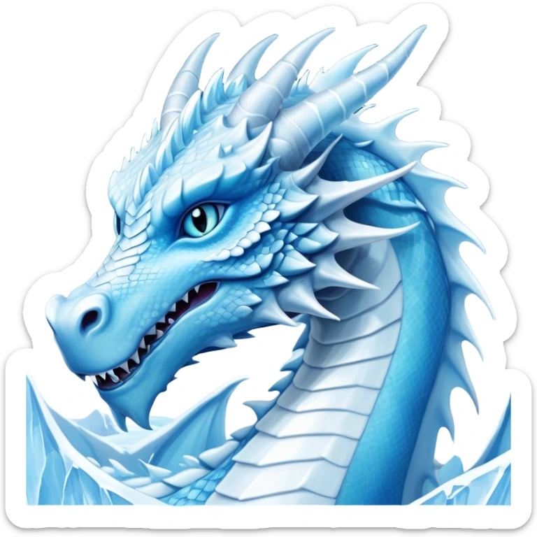 Cinematic Noble wise elegant Ice Dragon Portrait Emoji, Poised and imposing, distinct long elegant snout, with a slender, scaled body shimmering in glacial hues of icy blue, frostbitten silver, and crystalline white, breathing out frost, with piercing, glowing ice blue white eyes that radiate the chilling depths of an arctic storm; rendered in detail. excuding wisdom sticker