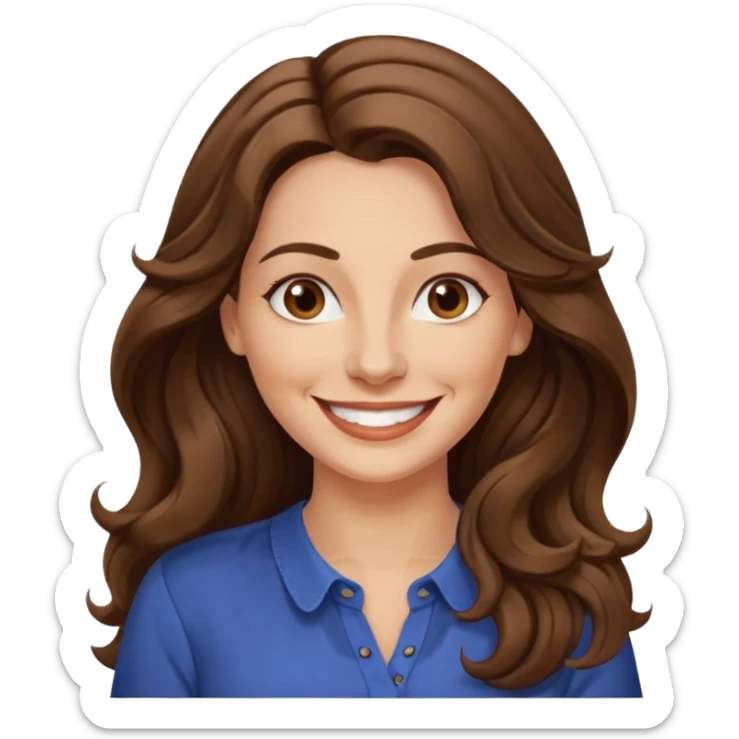 40 yr croatian woman, long wavy brown hair, big smile, side part, 
 sticker