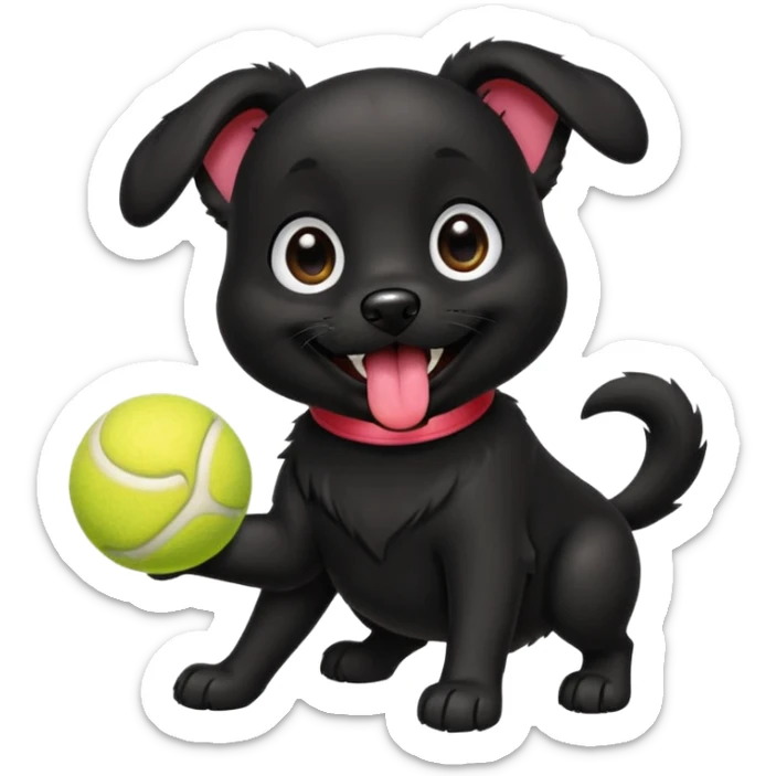 Cute emoji-style illustration of a happy black dog playing with a tennis ball, shiny black fur, joyful expression with tongue out, big expressive eyes, playful pose, vibrant colors, smooth clean lines, high resolution, sticker-style, transparent background sticker