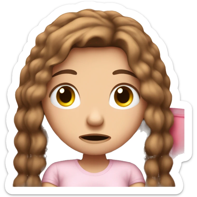 sad white girl with long brown hair crying on the cozy pink couch  sticker