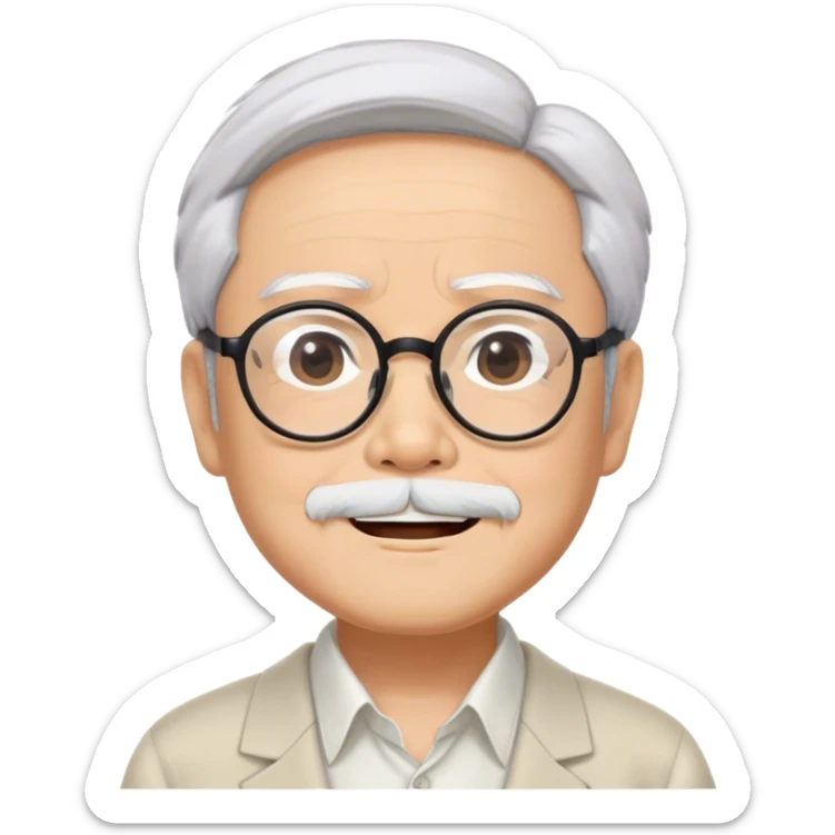 ​Cinematic Realistic Portrait of Hayao Miyazaki, depicted with defined black eyebrows, and large rectangular glasses, his happy expression rendered in lifelike detail, illuminated with soft, realistic lighting that emphasizes his creative genius, sticker
