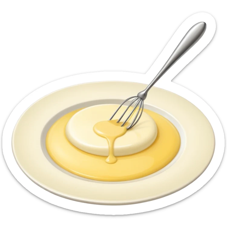 Generate a high-quality image of a dollop of yellow cream on a white plate with a metal whisk placed beside it, realistic color and shading, smooth gradient colors, no facial features, no brand markings, simple white background, high-resolution.
 sticker