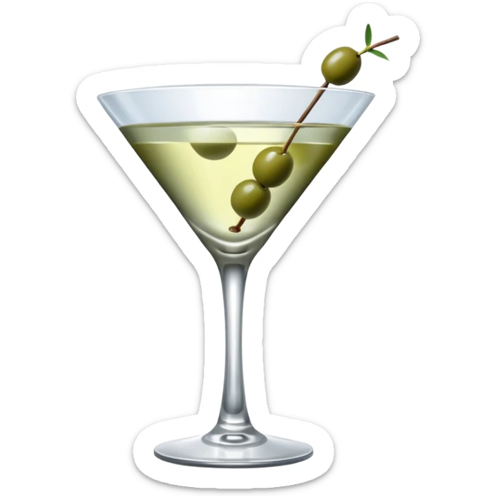 martini glass with 3 olives. no straw, just 1 stick that the olives will be stuck on. olives should have the same size. no leaves at all. liquid should be more white/clear than greek  sticker