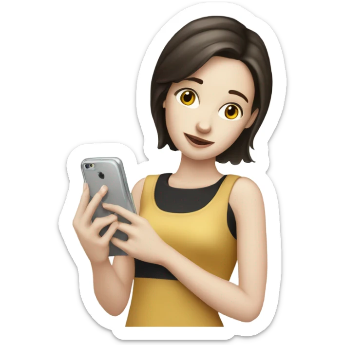 A girl with pale skin and dark brown hair shilling on her phone sticker