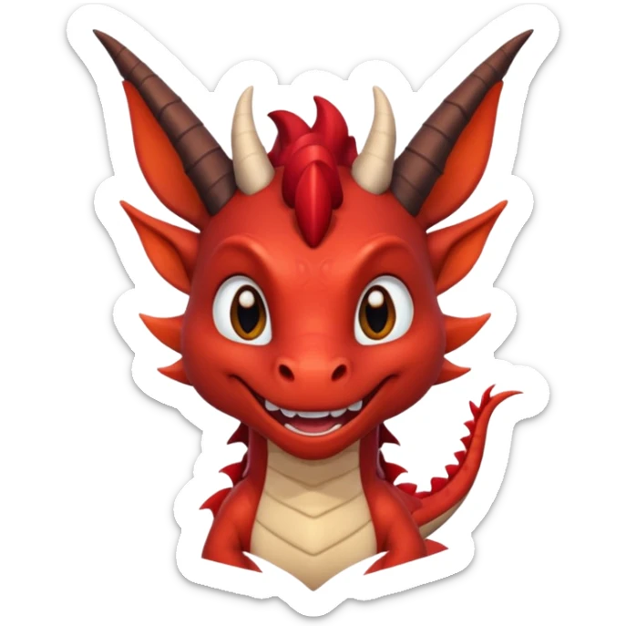 Cute Red dragon smile.  dark horns, pointed ears. Brown mane hair. Head only, Headshot sticker