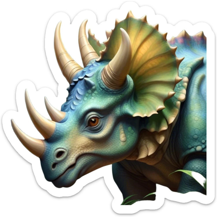 Beautiful and Majestic Triceratops Portrait Emoji, Head and body rendered in serene repose with a gentle, content smile, showcasing a robust, horned form with an intricately frilled head and eyes softly closed in tranquil repose, Simplified yet exquisitely endearing features, highly detailed, glowing with a soft, drowsy prehistoric light, high shine, relaxed and utterly majestic, stylized with an air of ancient splendor, soft glowing outline, capturing the essence of a beautiful and majestic Triceratops that embodies the timeless strength of the ancient world! sticker