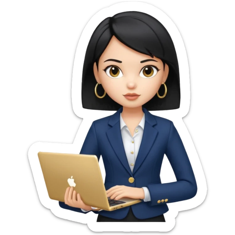 a pretty bratz girl with straight black short hair wearing a dark blue blazer and carrying a laptop. gold small hoops sticker