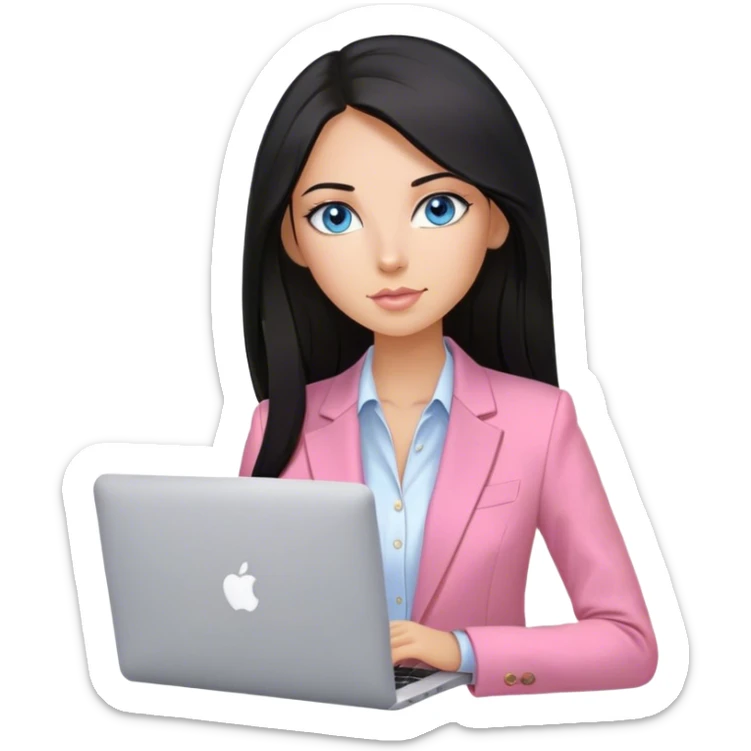 Beautiful russian girl, blue eyes, nude lips, tan, straight, smooth, long black hair, pink blazer, working with MacBook sticker