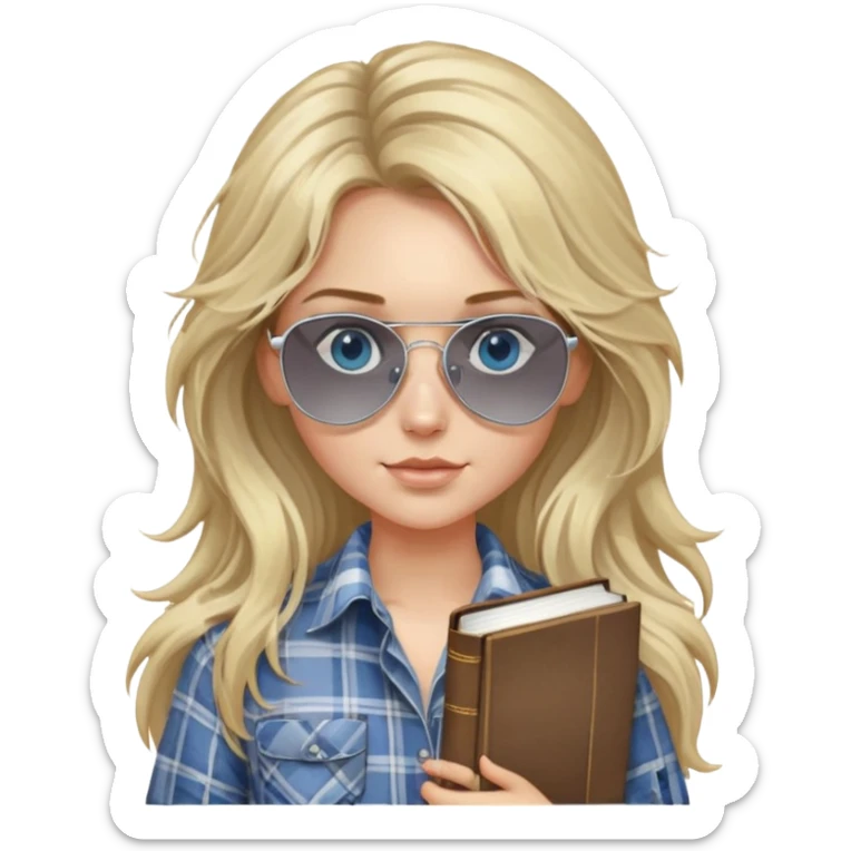 girl with long blond messy hair wearing grey plaid shirt with blue eyes and aviator sunglasses wearing a ring on her silver necklace, holding law books sticker