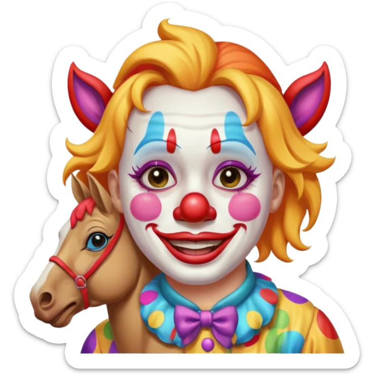 a crying but smiling and showing a peace sign clown face riding a horse sticker