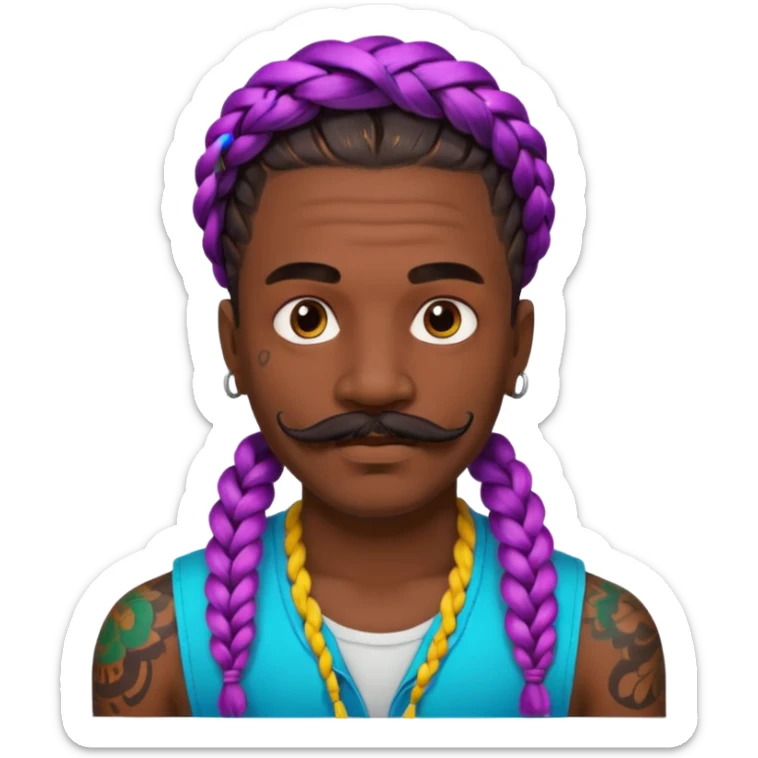 big lose braids starting from the top of the head man with mustache face wiith big visible braids and lots and lots of face tattoos colored tattoos like a tattoo artist hair unique color sticker