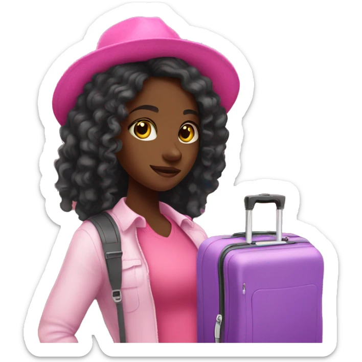 Black girl with long hair who loves to travel with pink luggage sticker