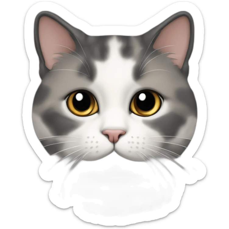 senior chubby diluted calico cat, white chin, black nose, grey ears, grey and white sticker