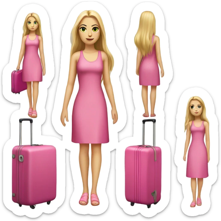 Realistic White girl with Long straight blonde hair and green eyes, tattoos, full body wearing pink dress, holding pink luggage sticker