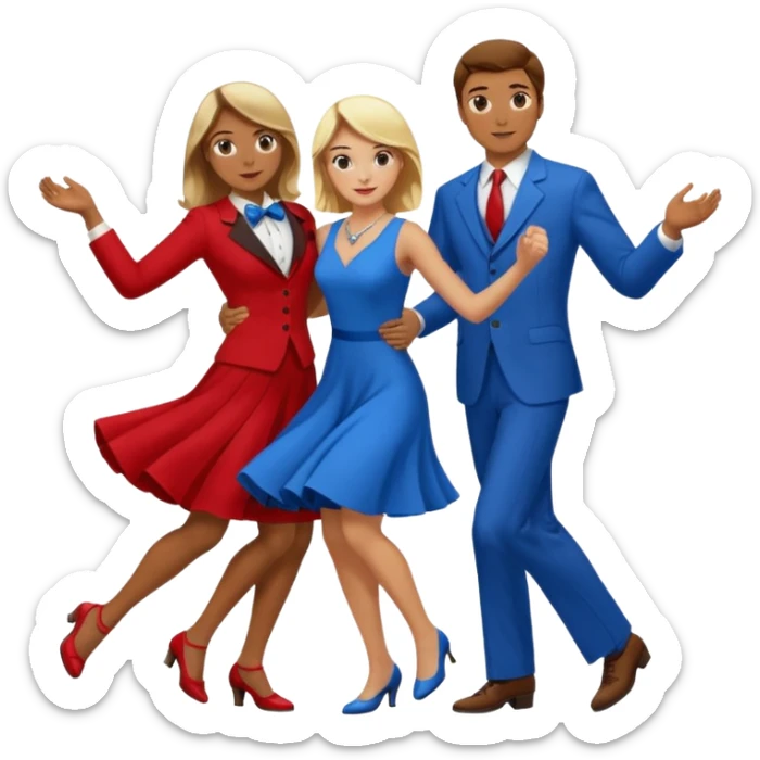 Two people. Man wearing all  RED with brown hair. Women  ALL blue with blond hair. Swing Dancing.  sticker