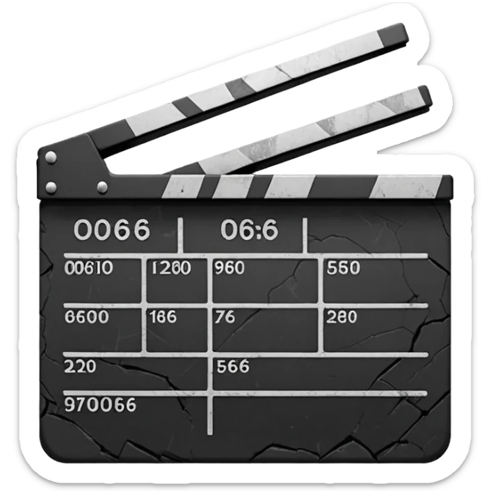 Minimalist emoji-style sticker of a cracked movie clapperboard with the date “06/06/66”, faint scorched marks, all in grayscale


 sticker