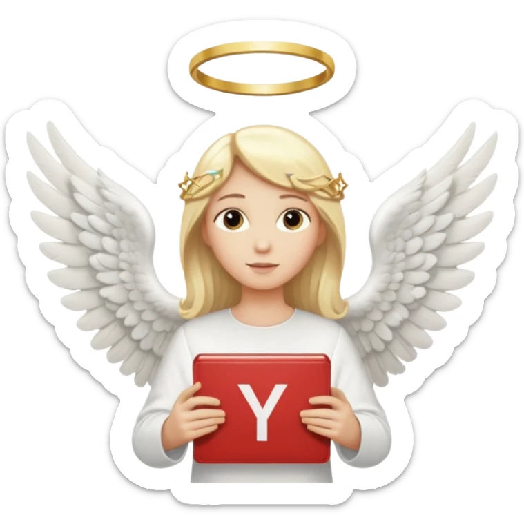 "An angel emoji with blonde hair, a halo, wings, holding a 'COMPARTILHAR' sign in bold letters." sticker
