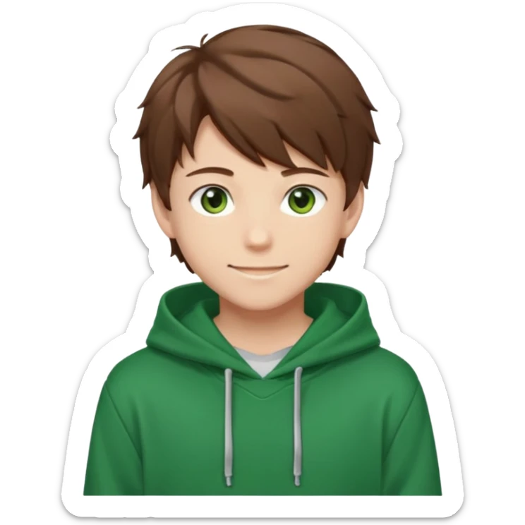 the face of an Anime teen boy with brown hair, green eyes, looking smiling slightly sideways positioned. Face must be main filling of the emoji. A little piece of hoodie can be visible. 128px sticker