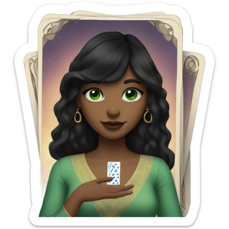 Girl with green eyes black hair and nose ring piercing with taro cards sticker
