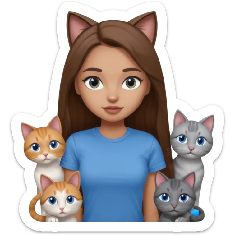 a pretty bratz dusky light skin girl with long brown hair, blue eyes with six cats nd wearing a grey tshirt sticker