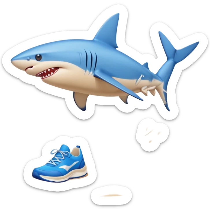 Blue shark with blue running shoes on the beach and the shark has legs sticker