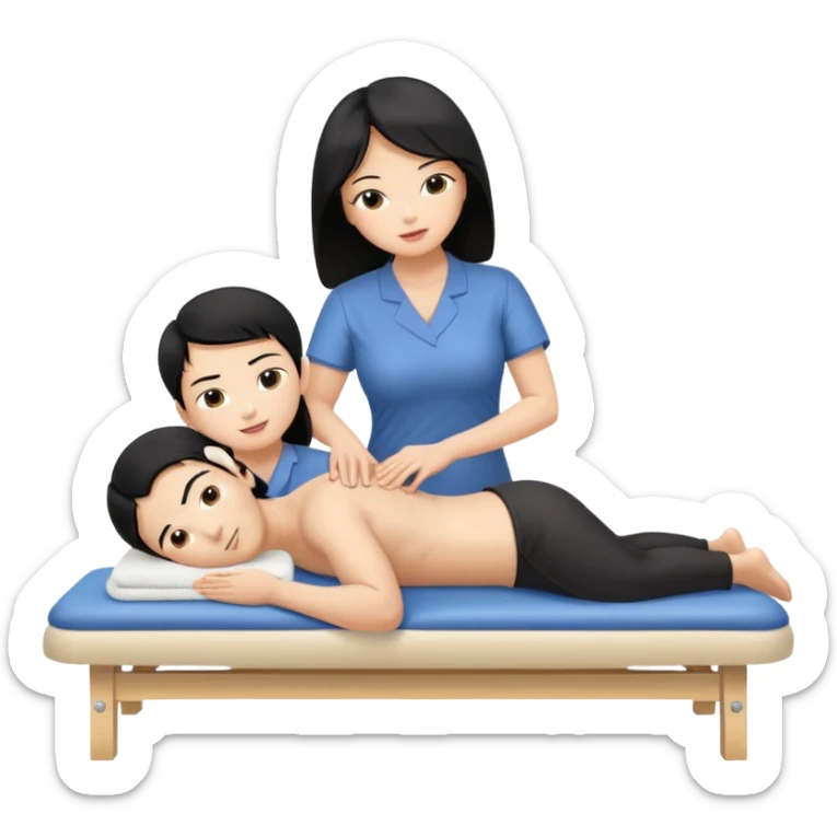 Extrenwly Large breasted asian woman with black hair woman gives a massage to a blonde boy on a massage table sticker