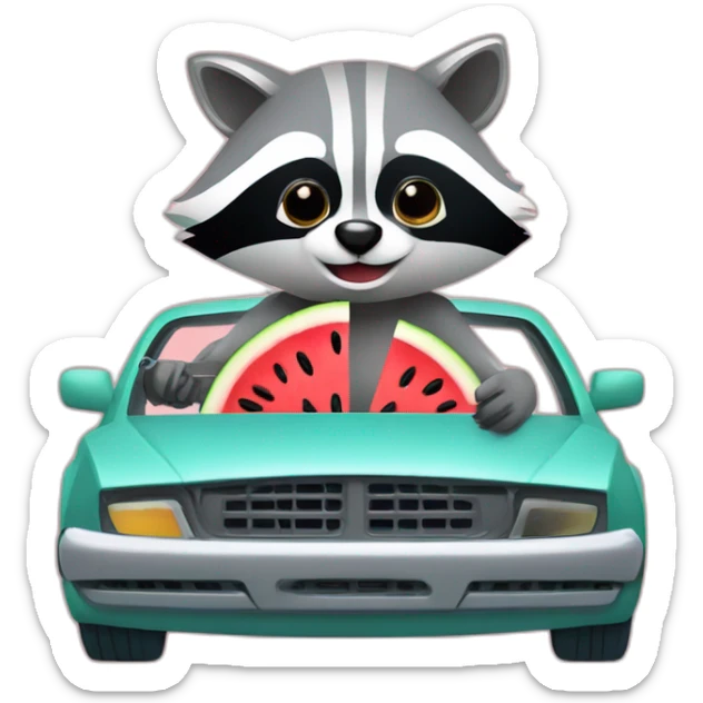 A raccoon with a watermelon behind the wheel of a car and a spanner sticker