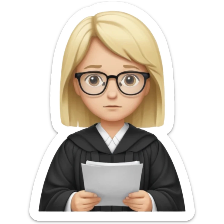 Young judge, blonde hair with glasses and robe, hold a paper sticker