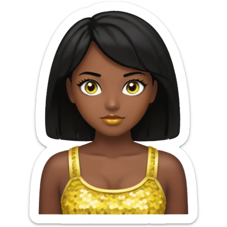 Christie from Barbie & Friends with brown eyes, black hair, yellow sequin crop top, dark skin sticker