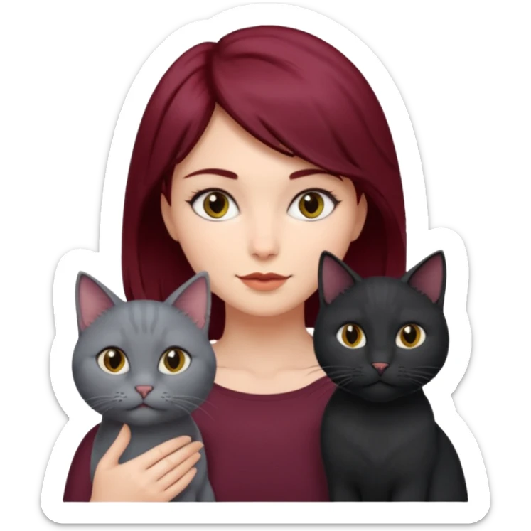 femme au cheveux court bordeau avec chat poils longs gris et chat poils ras noirs sticker