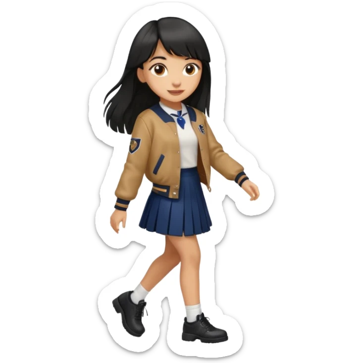black color long hair with fringe, light skin long hair girl with brown varsity jacket,  navy long skirt walking

 sticker