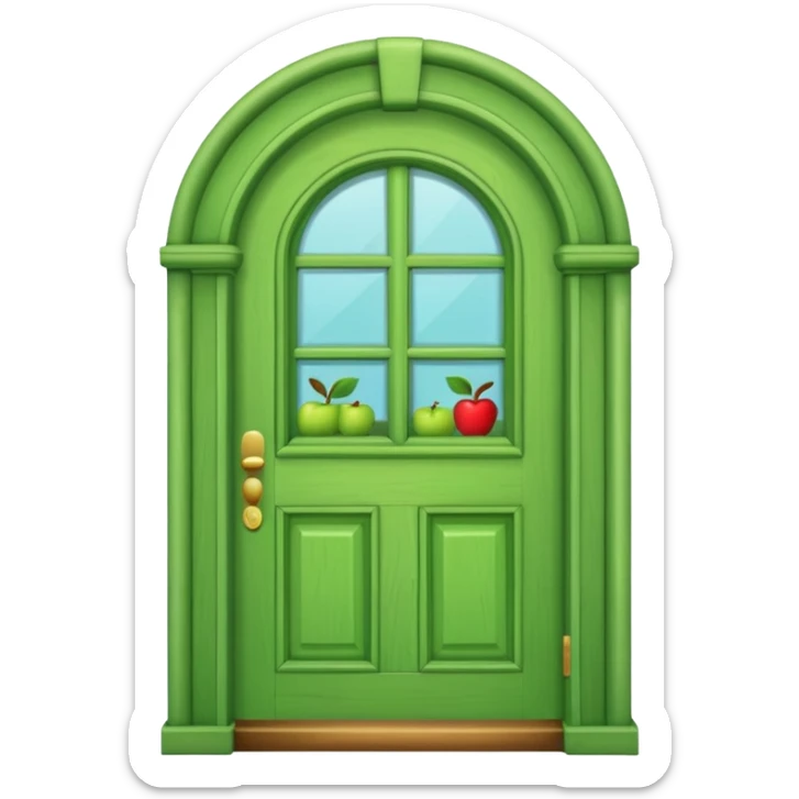 A wooden green door emoji in the style of Apple emoji with a handle and a window and a different color sticker