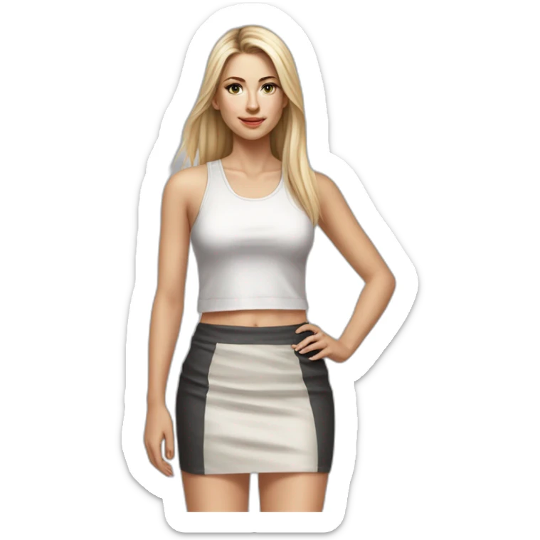 caucasian woman, with long straight hair, blonde hair, brown eyes, white tank top, gray tight mini skirt, black heel shoes, full body, hyperrealist drawing sticker