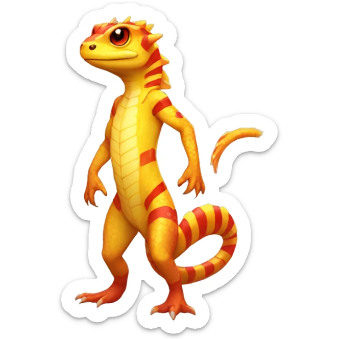 A Yellow Shiny Anthro-Scalie-Lizard-Reptile-Salamander-Fakémon with red stripes and orange frills Full Body sticker