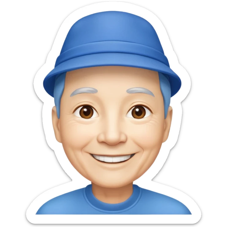 Nam 65 tuổi, tóc ngắn, đội mũ màu xanh, cười tươi, realistic sticker