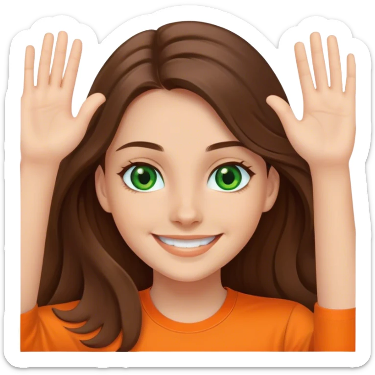 smiling girl with long brown hair, middle hair split, waving, green eyes, orange shirt sticker