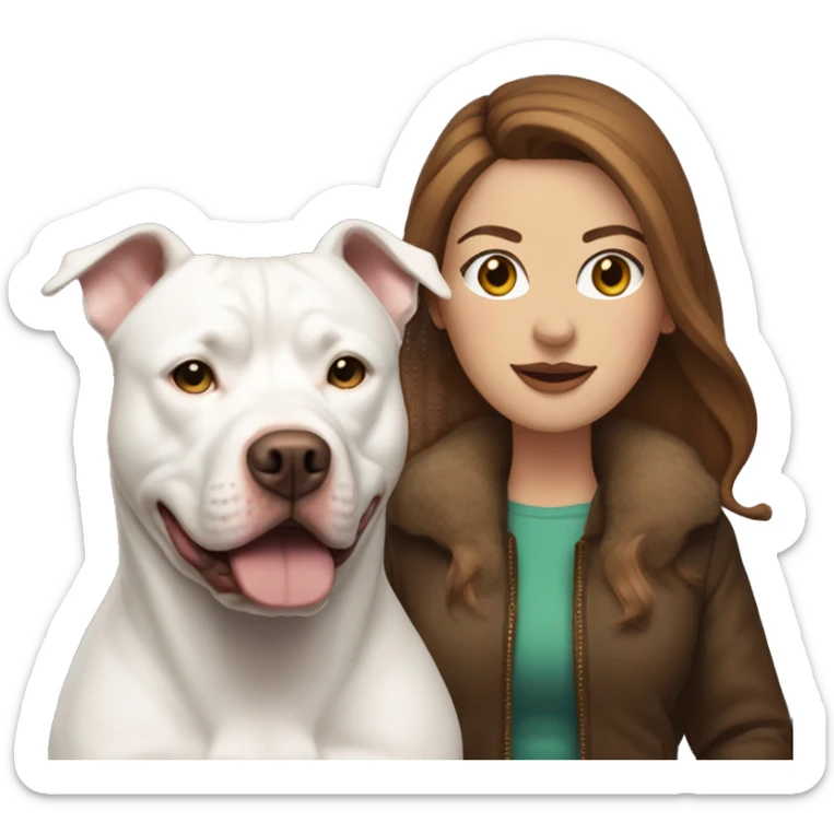 white woman with long brown hair in a furry jacket standing alongside a white pitbull sticker