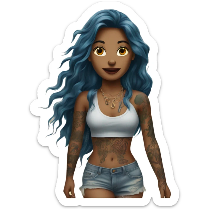 Beautiful tattooed  burgundy long haired woman walking on the beach sticker