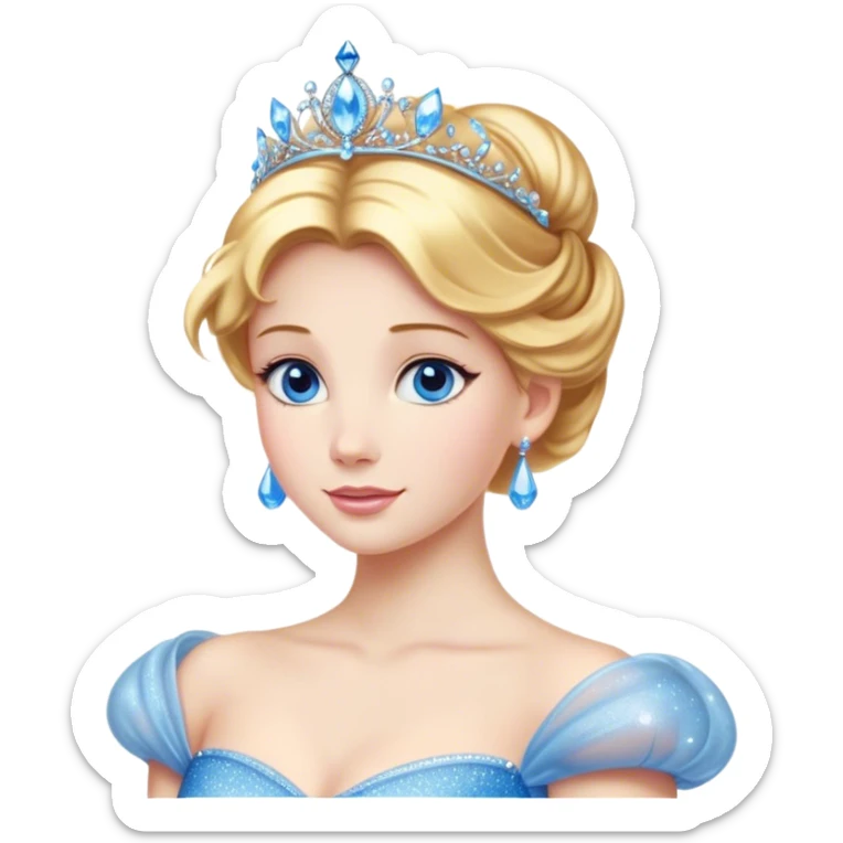 Cinematic Stunning Cinderella Portrait Emoji, Radiant in her sparkling blue ball gown, golden hair in a perfect updo, soft blue eyes full of wonder, glistening tiara, glowing with an ethereal beauty, regal yet kind, a dreamlike aura surrounds her, capturing the essence of a fairy tale princess, elegant and breathtaking! sticker