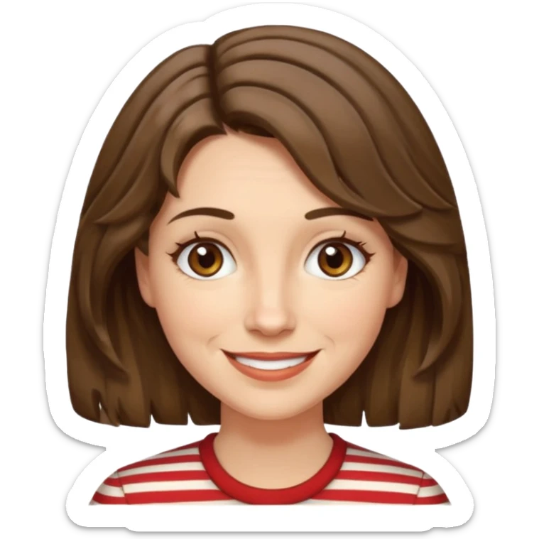 fair-skinned caucasian woman, 40s, chin-length rather wavy/unruly brown-ish hair with some white stripes (shaggy haircut), hazel eyes sticker