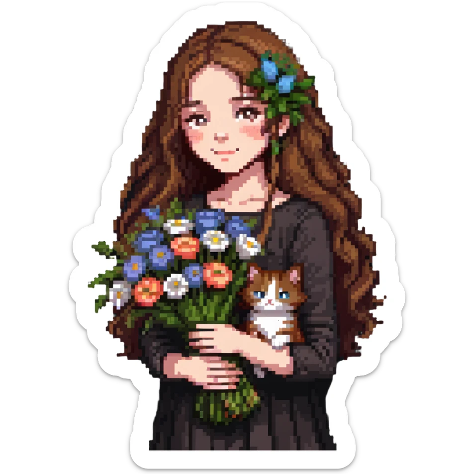 A cool girl with long brown hair and fair skin tilts her head and holds a bouquet of flowers and a cat sticker